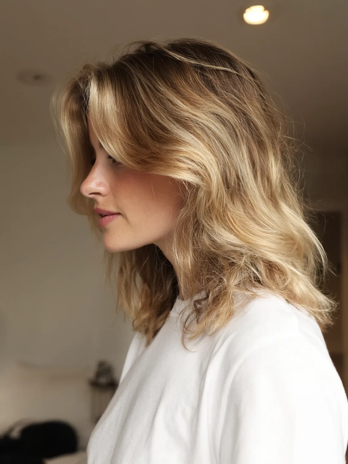 Golden Honey Balayage Soft Layers with Curtain Bangs